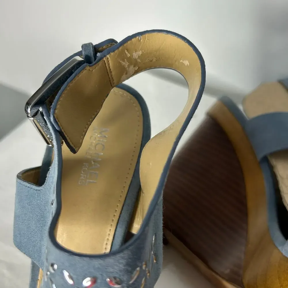 Michael Kors Blue Suede Laser Cut Wedge Sandals Peep Toe Women’s 8.5M